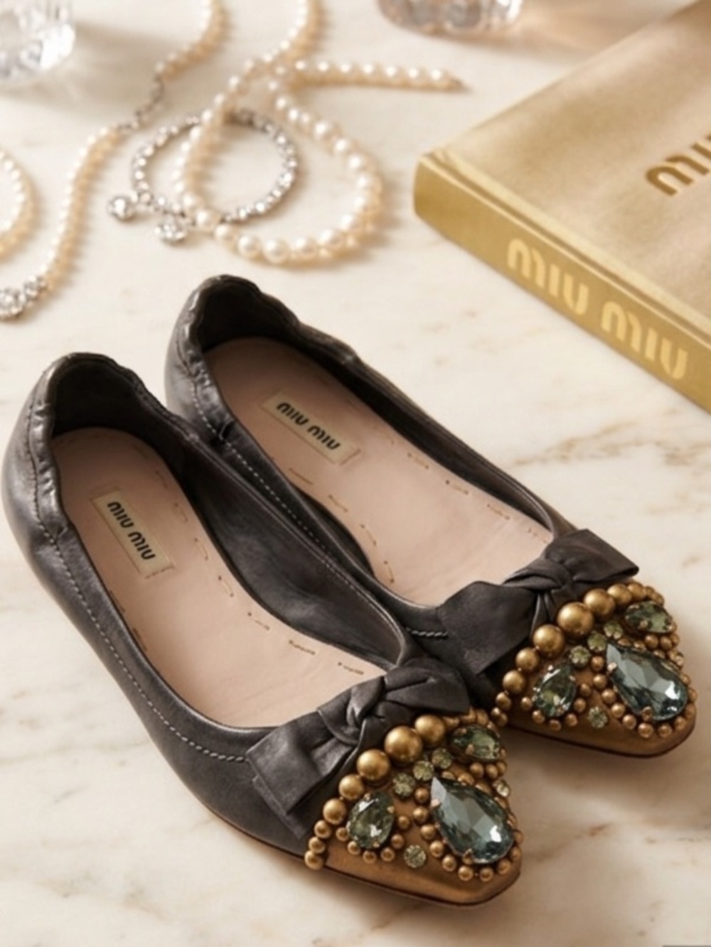 Miu Miu Black Leather Jeweled Pointed Toe Ballet Flats